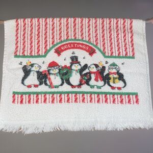 Vintage Leshner Mills Penguins Greetings Dish Towel 15” X 24” White Red Penguins